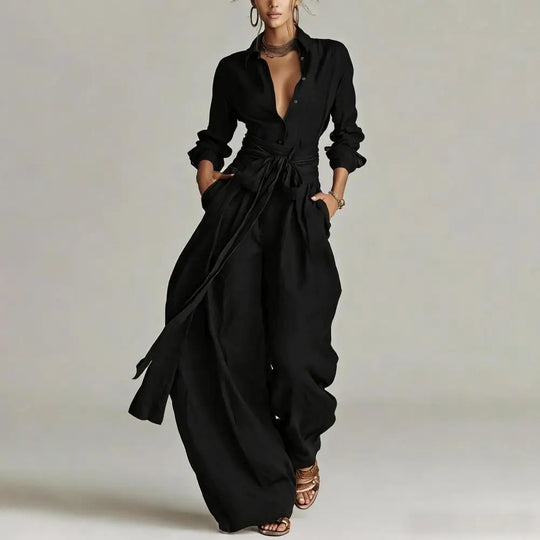 Relaxed Linen Button-Down Shirt and Wide-Leg Pants Lounge Set for Women