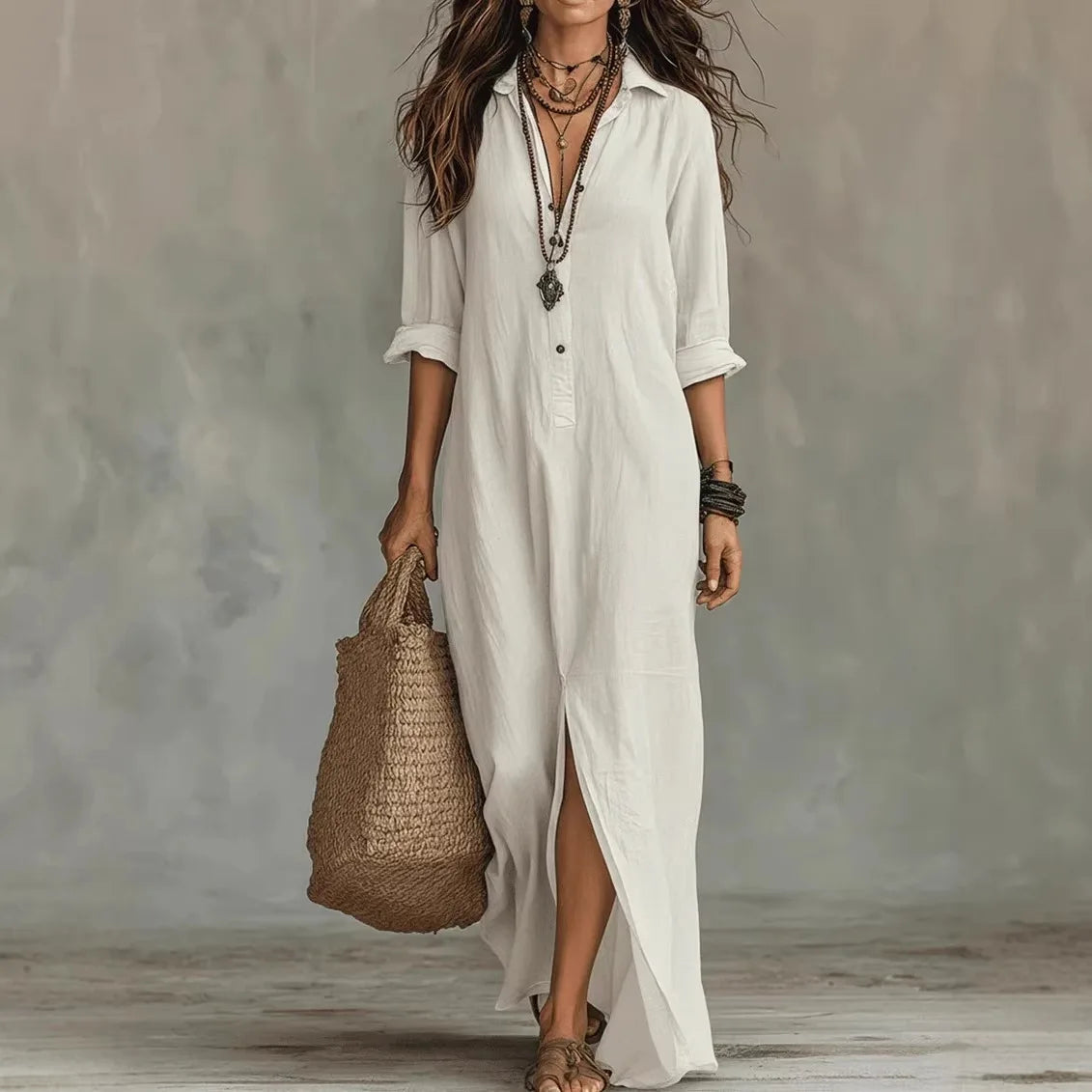 Relaxed Cotton Turn Down Collar Maxi Shirt Dress for Summer and Beach