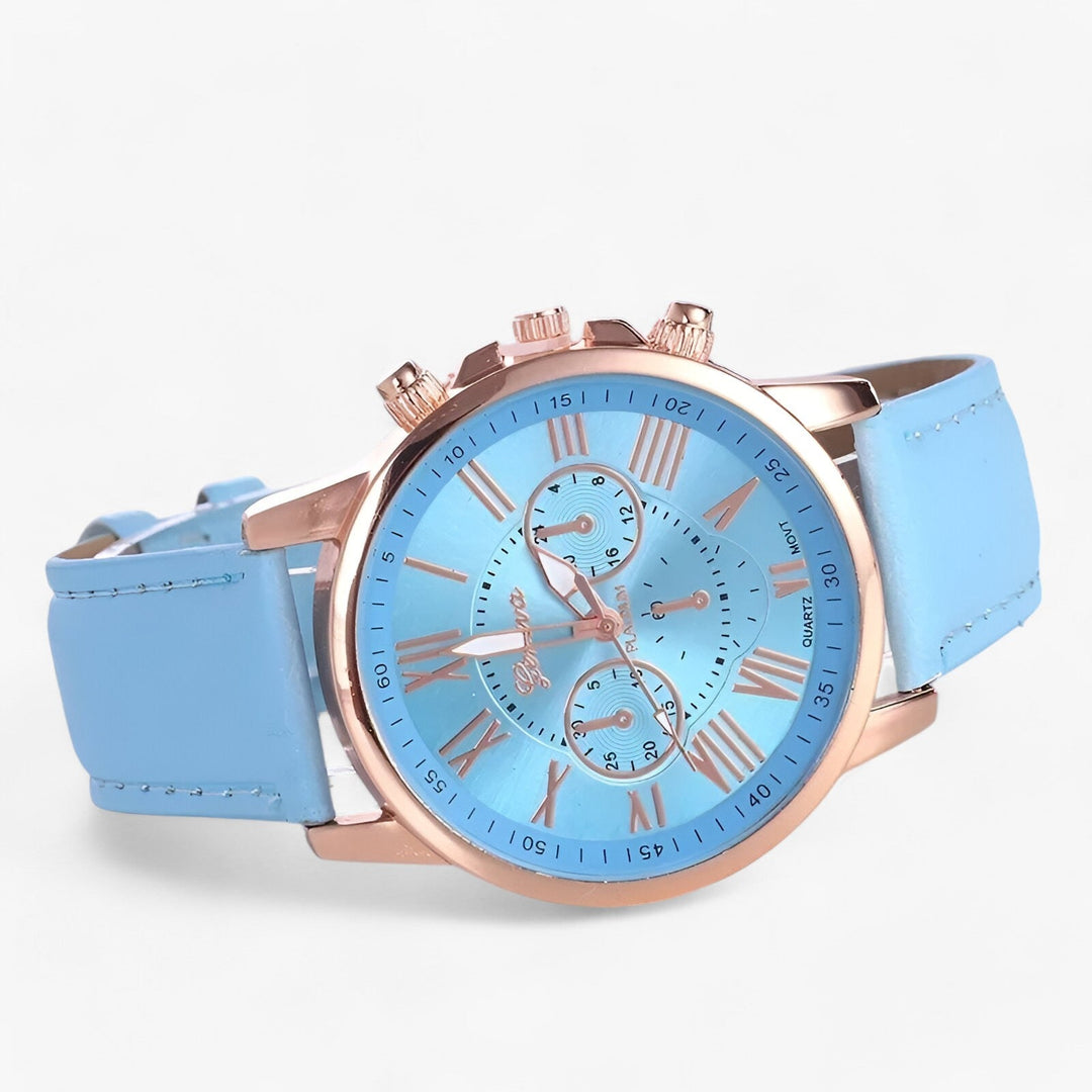 Womens watch with light blue leather strap