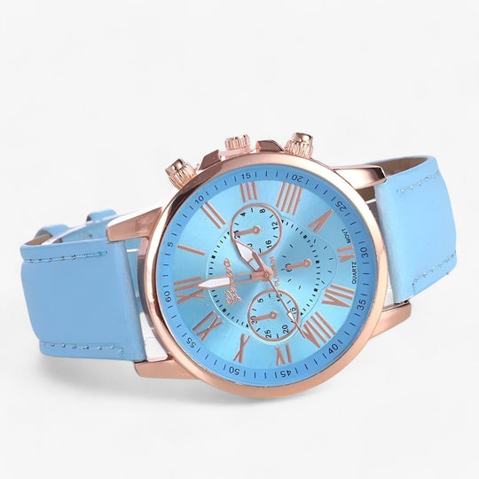 Womens watch with light blue leather strap