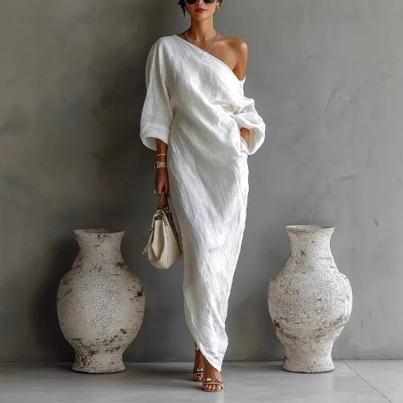 Elegant One Shoulder Linen Maxi Dress with Batwing Sleeves for Summer