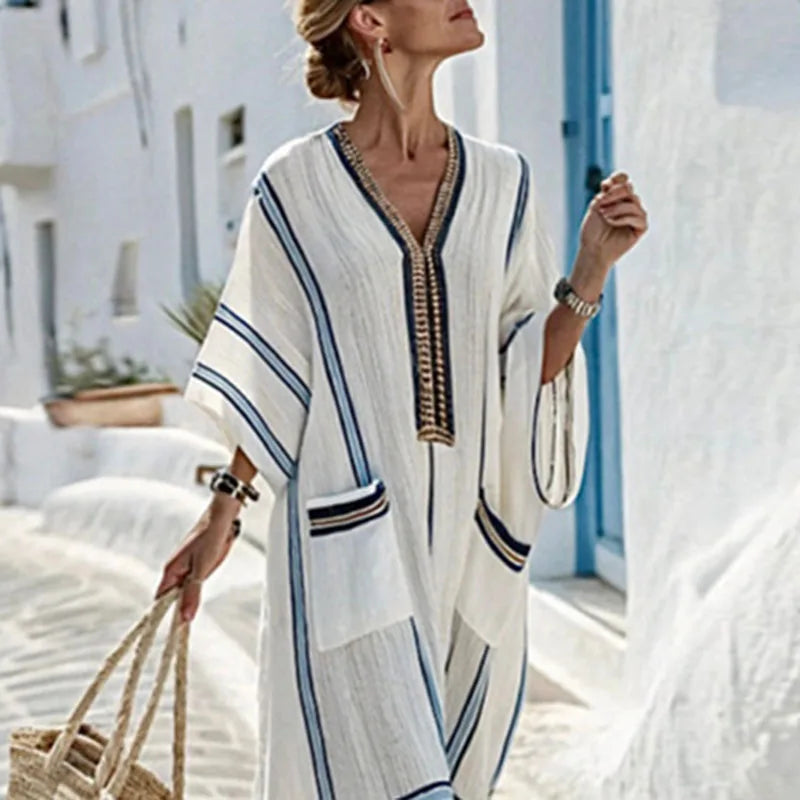 Coastal Striped V-Neck Kaftan Maxi Dress for Beach and Resort Wear - detail