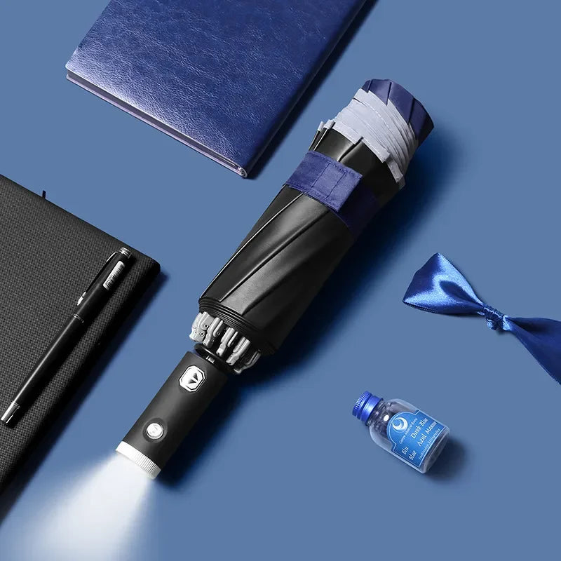 Navy blue reverse umbrella with LED flashlight