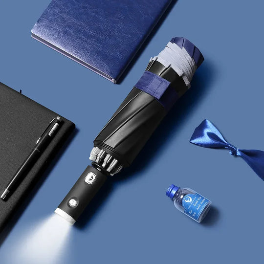 Navy blue reverse umbrella with LED flashlight