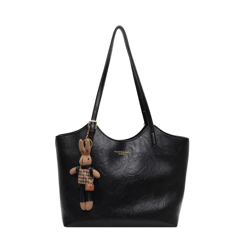Large Vegan Leather Shoulder Tote Bag with Detachable Charm for Everyday
