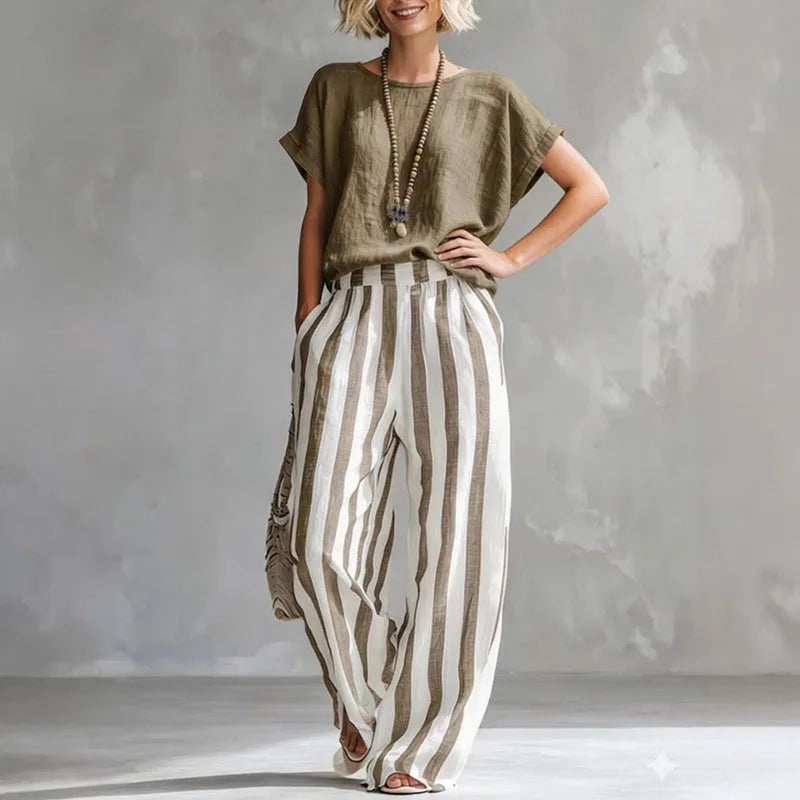 Striped Cotton-Linen Short-Sleeve Top and Wide-Leg Trouser Summer Set