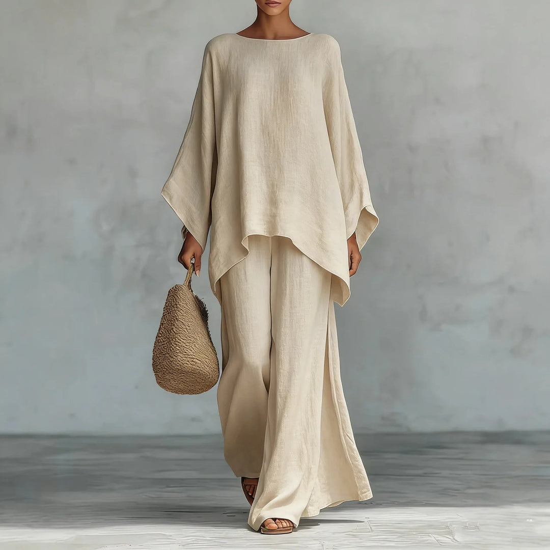 Relaxed Oversized Linen Batwing Top and Wide Leg Pants Set for Summer
