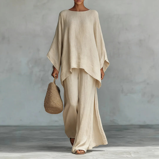 Relaxed Oversized Linen Batwing Top and Wide Leg Pants Set for Summer