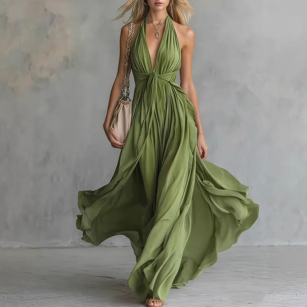 Elegant Halter Deep V Backless Maxi Dress for Evening Occasions