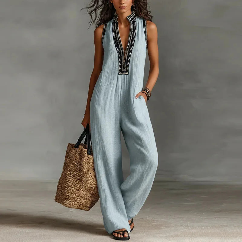 Vintage Deep V-Neck Sleeveless Jumpsuit for Work and Summer