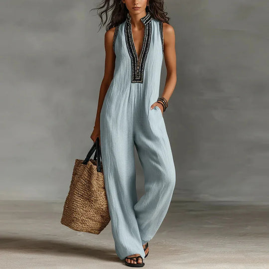 Vintage Deep V-Neck Sleeveless Jumpsuit for Work and Summer