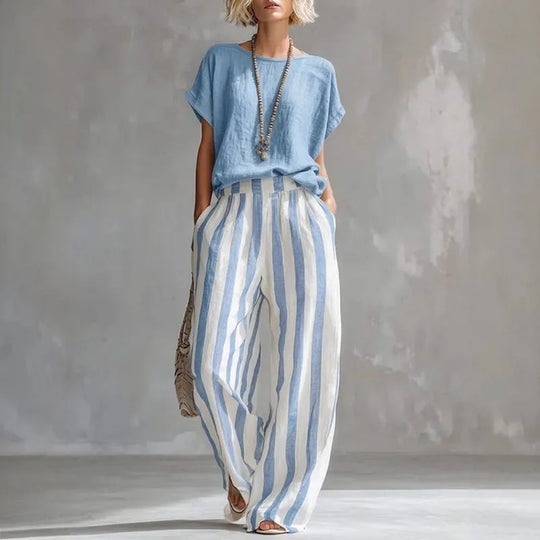 Striped Cotton-Linen Short-Sleeve Top and Wide-Leg Trouser Summer Set