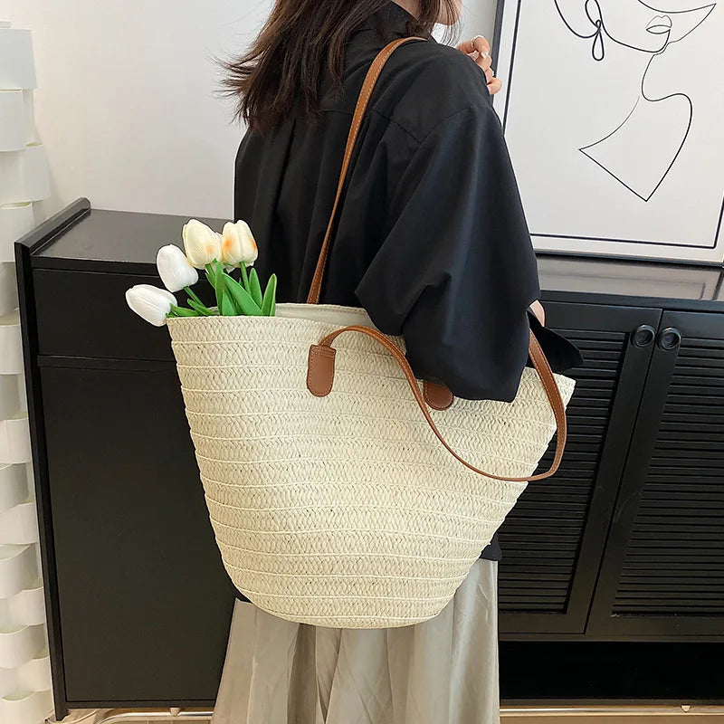 Oversized Straw Woven Tote Bag for Beach Days
