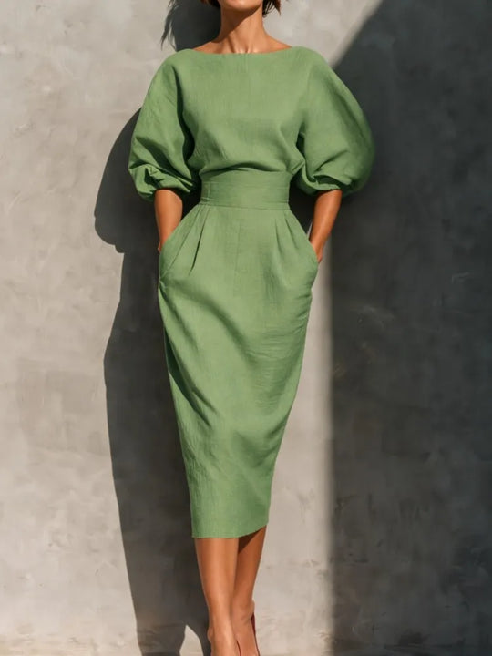 Elegant Pleated Lantern Sleeve Midi Dress for Office and Occasions