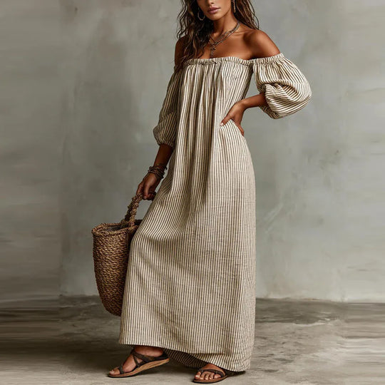 Off Shoulder Striped Maxi Dress for Beach Vacations