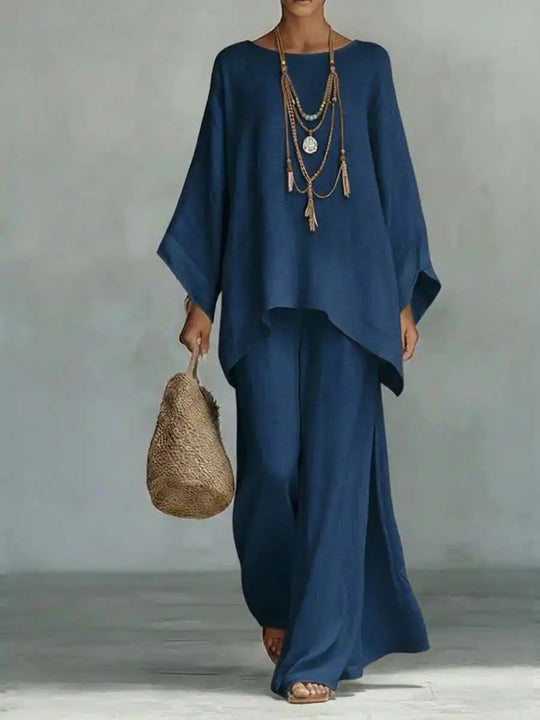 Relaxed Oversized Linen Batwing Top and Wide Leg Pants Set for Summer
