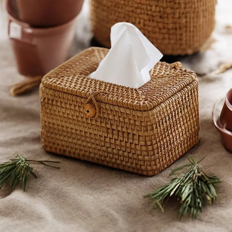 Handwoven Rattan Tissue Box Cover for Farmhouse Bathroom and Living Room