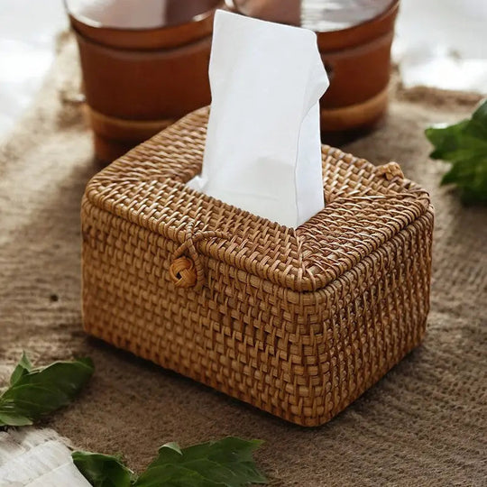 Handwoven Rattan Tissue Box Cover for Farmhouse Bathroom and Living Room