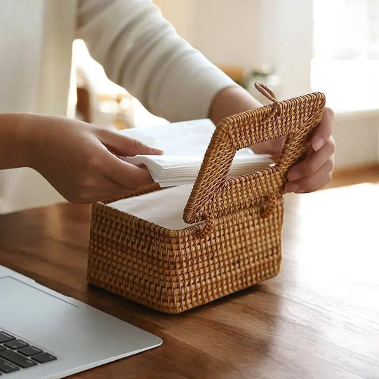Handwoven Rattan Tissue Box Cover for Farmhouse Bathroom and Living Room