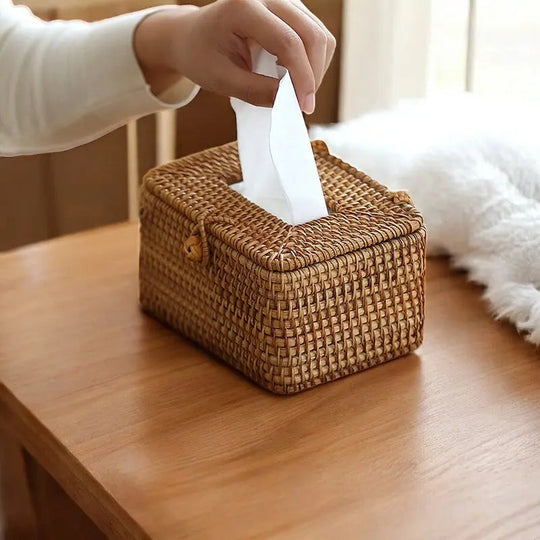 Handwoven Rattan Tissue Box Cover for Farmhouse Bathroom and Living Room