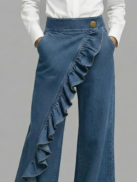 Wide Leg Asymmetrical Ruffle Jeans for Casual Streetwear