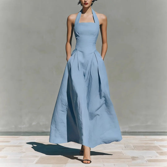 Halter A Line Flowy Maxi Dress for Summer Parties