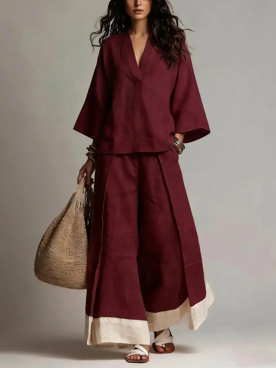 V Neck Linen Two-Piece Set for Relaxed Holiday Days