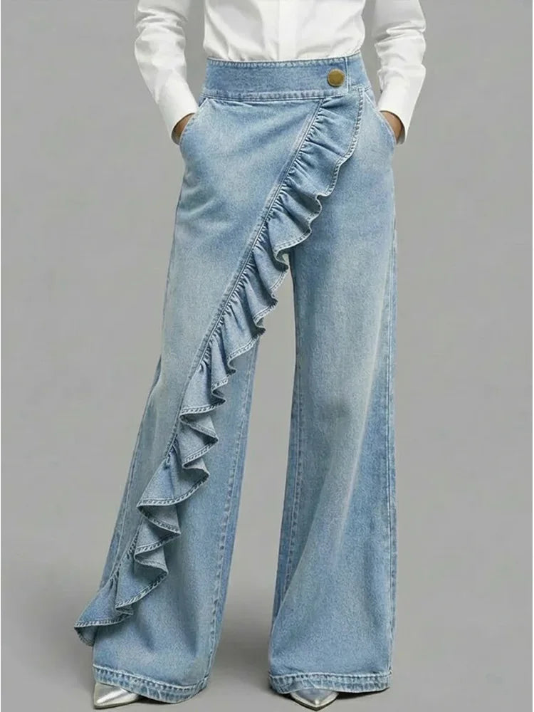 Wide Leg Asymmetrical Ruffle Jeans for Casual Streetwear