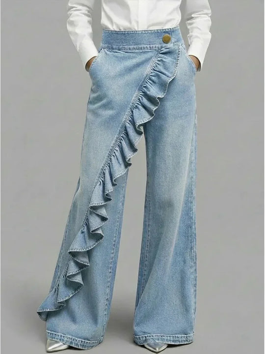 Wide Leg Asymmetrical Ruffle Jeans for Casual Streetwear