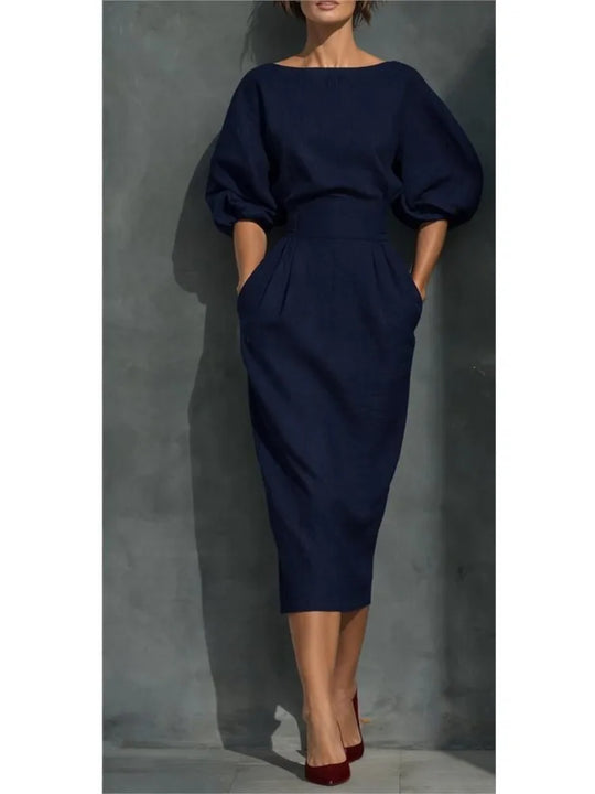 Elegant Pleated Lantern Sleeve Midi Dress for Office and Occasions