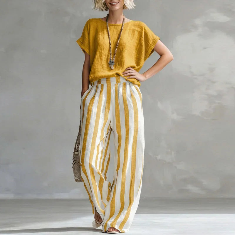 Striped Cotton-Linen Short-Sleeve Top and Wide-Leg Trouser Summer Set