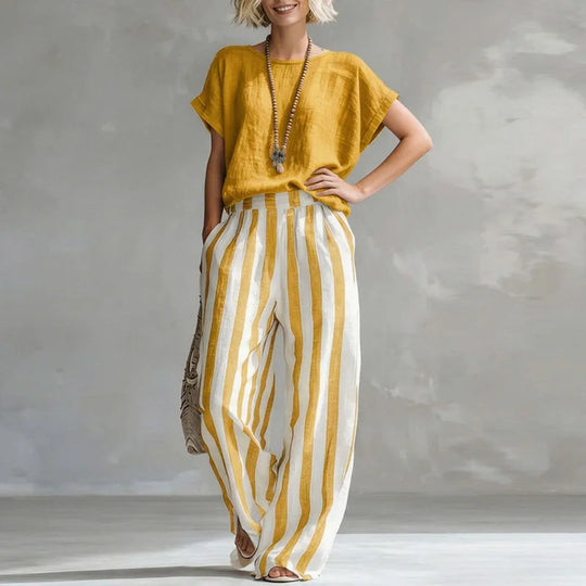 Striped Cotton-Linen Short-Sleeve Top and Wide-Leg Trouser Summer Set