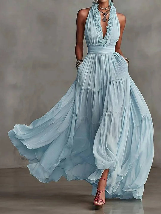 Ruffle Trim Backless Pleated Maxi Dress for Evenings