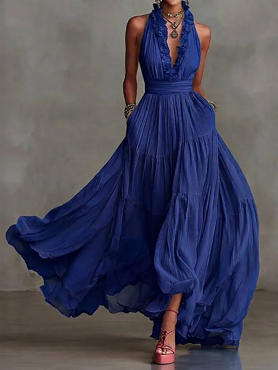 Ruffle Trim Backless Pleated Maxi Dress for Evenings