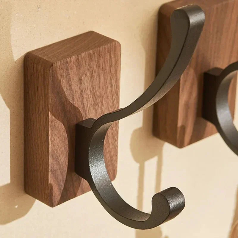 Natural Walnut Wood and Metal Wall Hooks for Entryway and Bathroom
