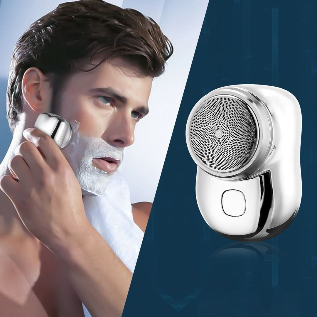 Man shaving with mini electric shaver