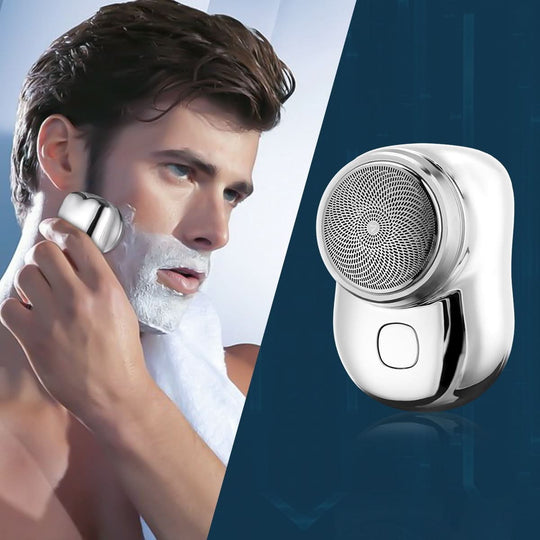 Man shaving with mini electric shaver