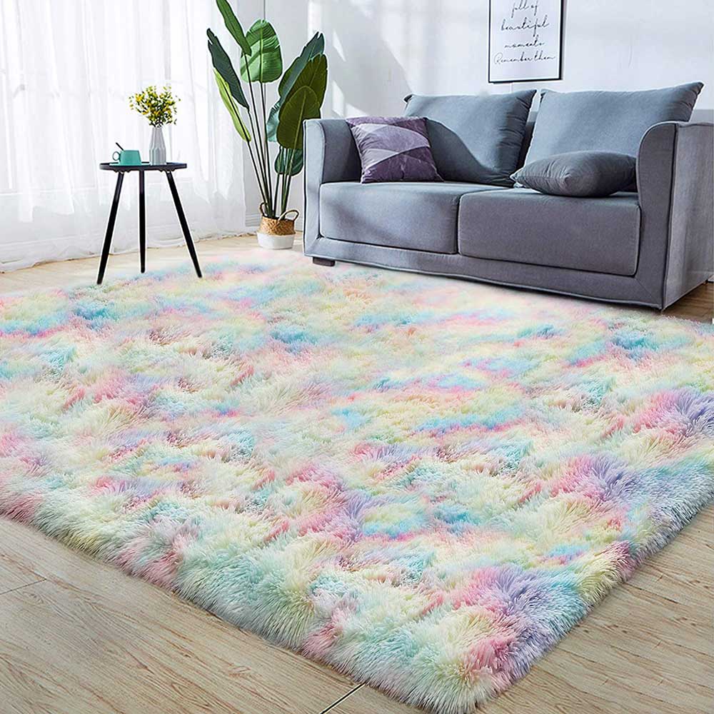 Rainbow fluffy area rug in a living room