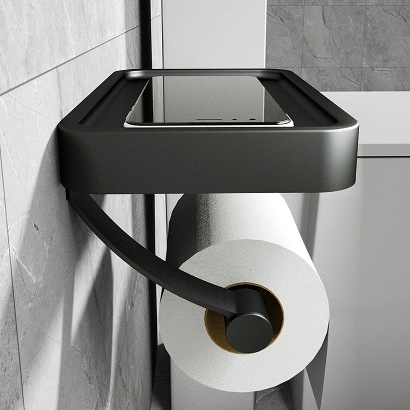 Minimalist Aluminum Toilet Paper Holder with Phone Shelf for Bathroom