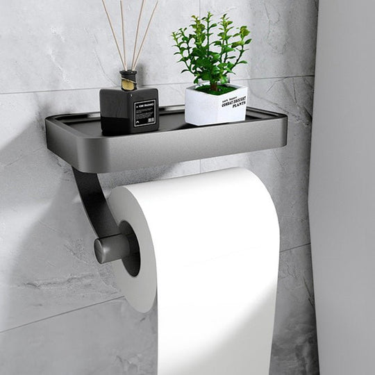 Minimalist Aluminum Toilet Paper Holder with Phone Shelf for Bathroom