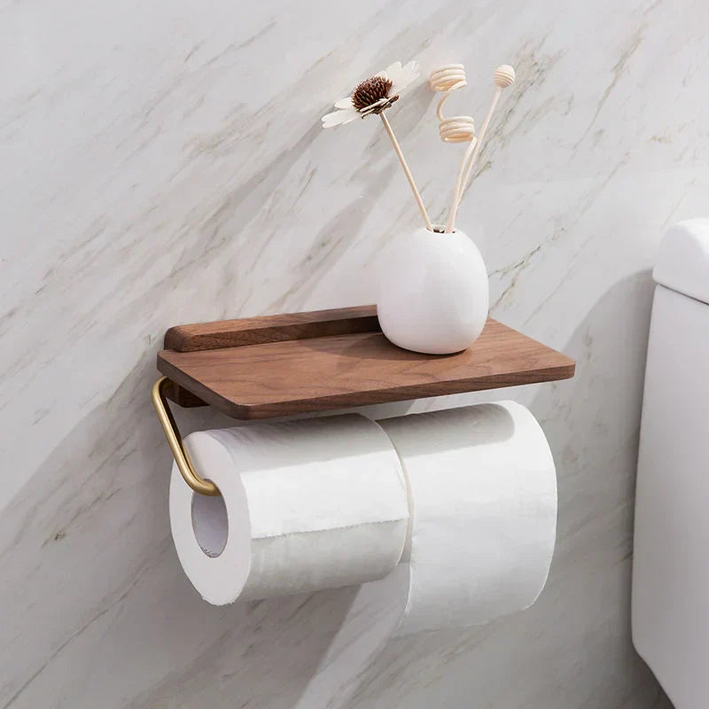 Walnut Wood and Brass Toilet Roll Holder with Shelf for Bathroom