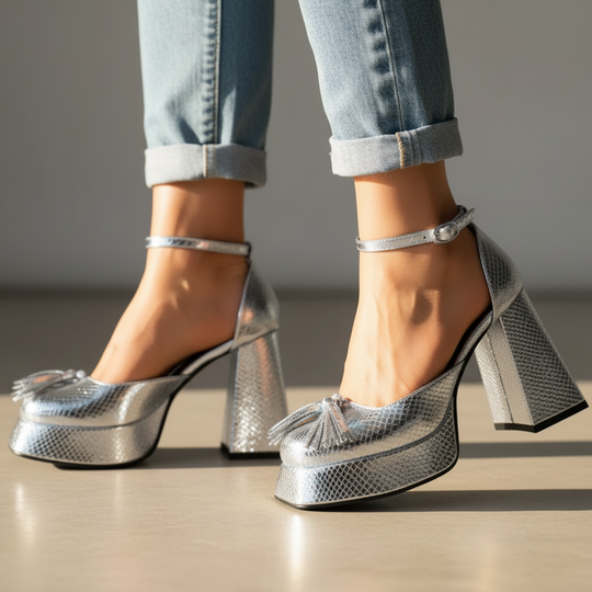 Metallic Tassel Square-Heel Heels for Evening Occasions