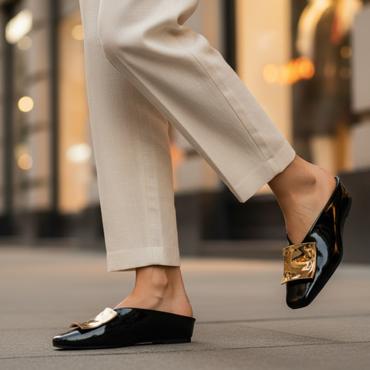 Square Toe Metal Buckle Slip On Mules for Casual Wear