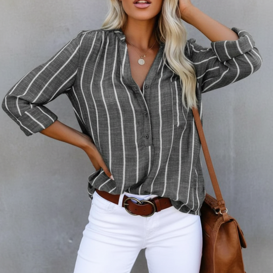 Relaxed Striped V-Neck Button Shirt for Casual Everyday Wear - detail