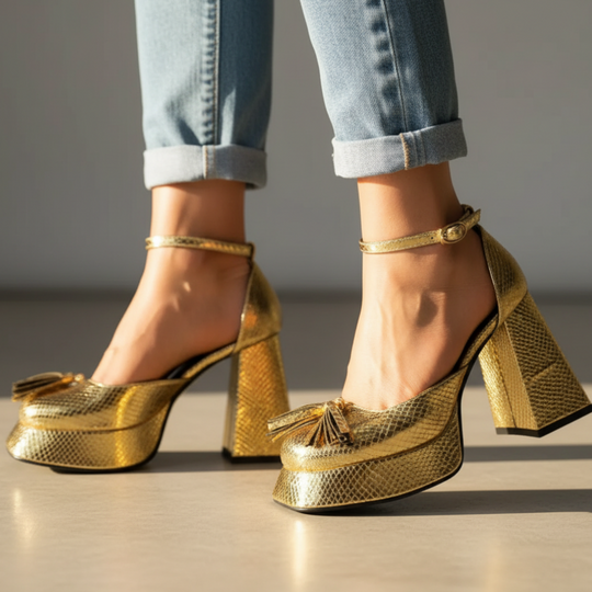 Metallic Tassel Square-Heel Heels for Evening Occasions