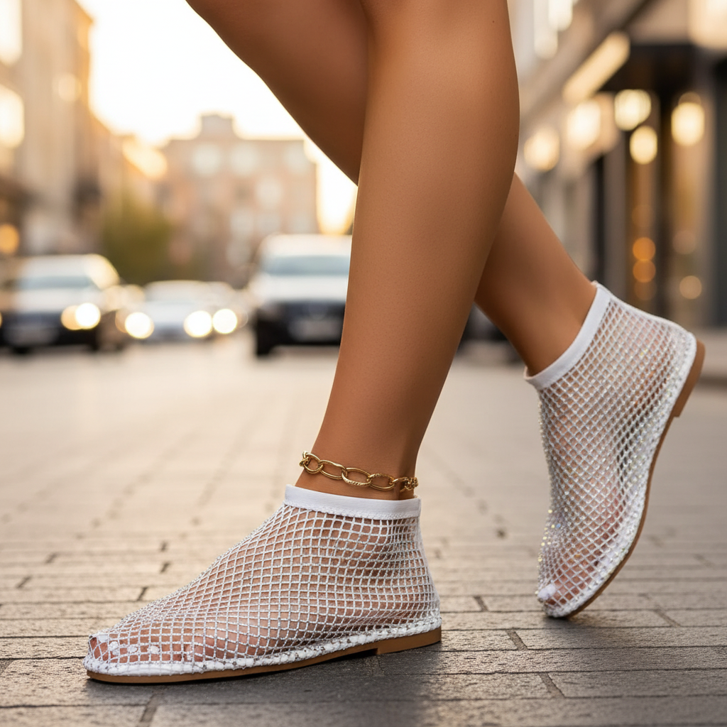 Sparkling Rhinestone Mesh Flats for Day and Evening Wear