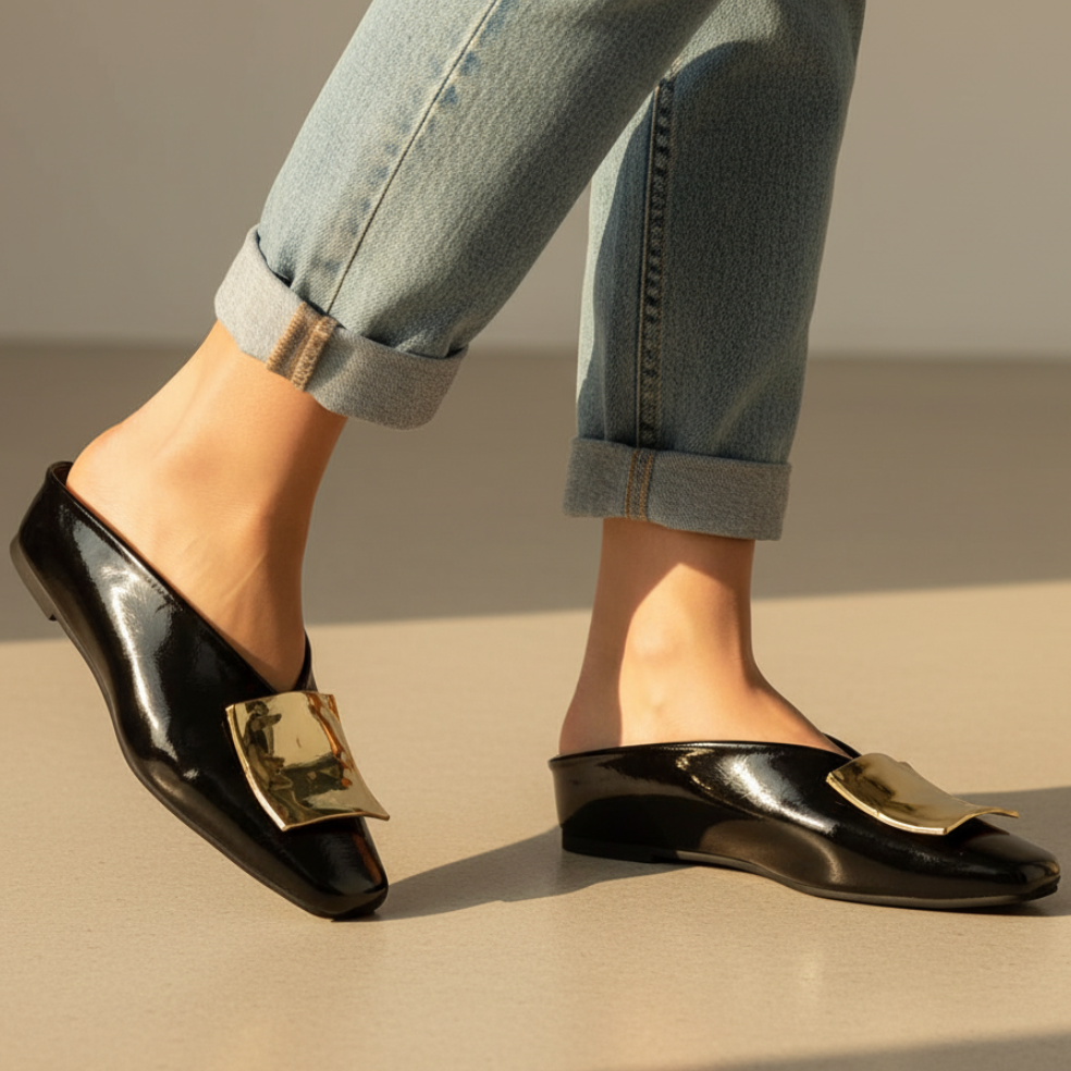 Square Toe Metal Buckle Slip On Mules for Casual Wear
