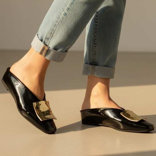 Square Toe Metal Buckle Slip On Mules for Casual Wear