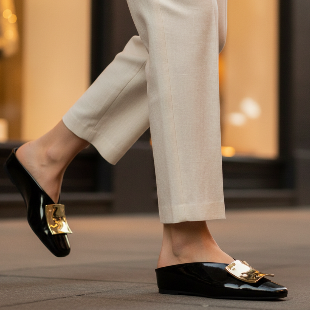 Square Toe Metal Buckle Slip On Mules for Casual Wear