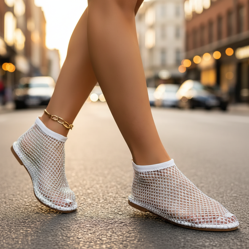 Sparkling Rhinestone Mesh Flats for Day and Evening Wear